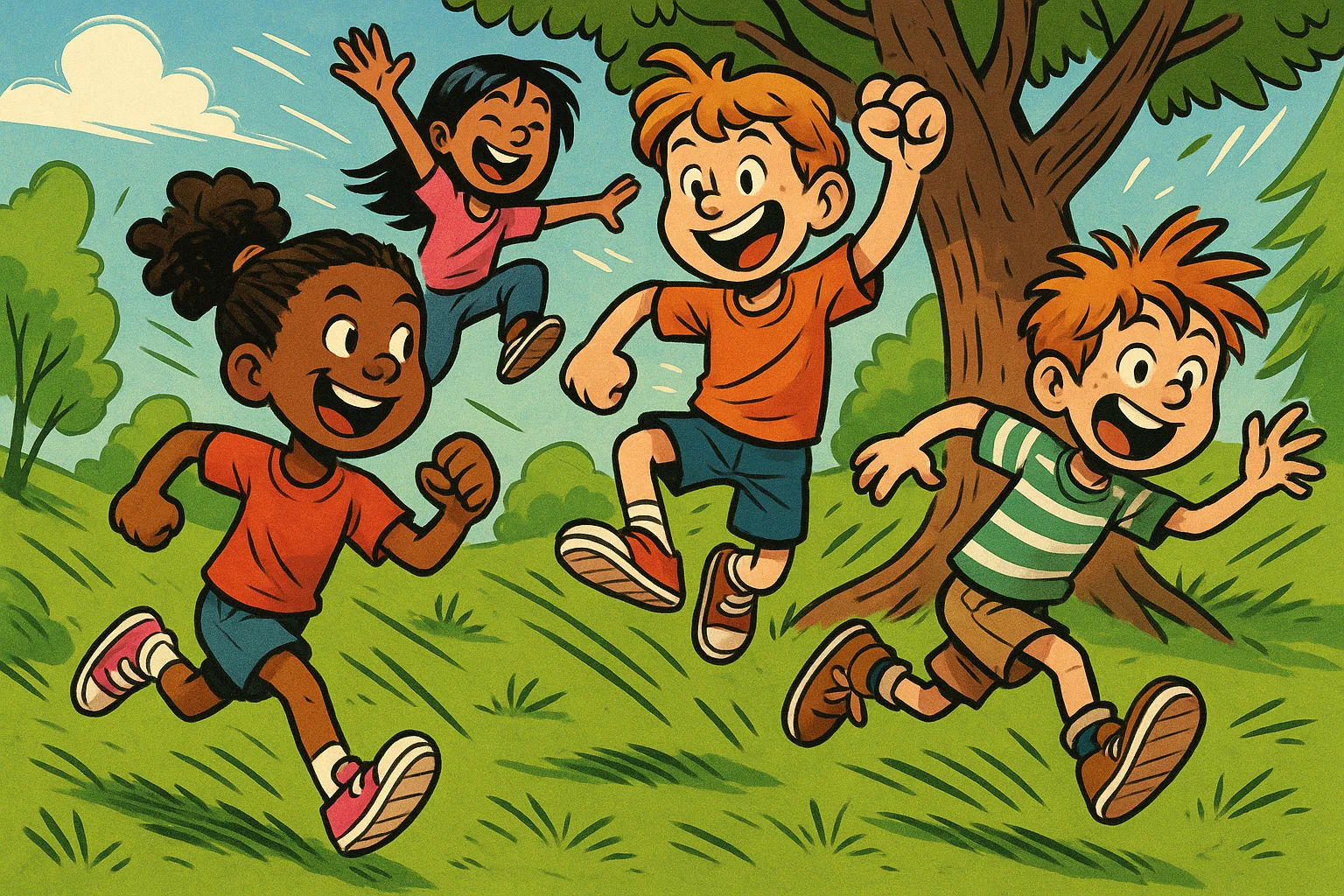 A vibrant cartoon of boys and girls playing and running energetically outside in a park. A vibrant cartoon of boys and girls playing and running energetically outside in a park.