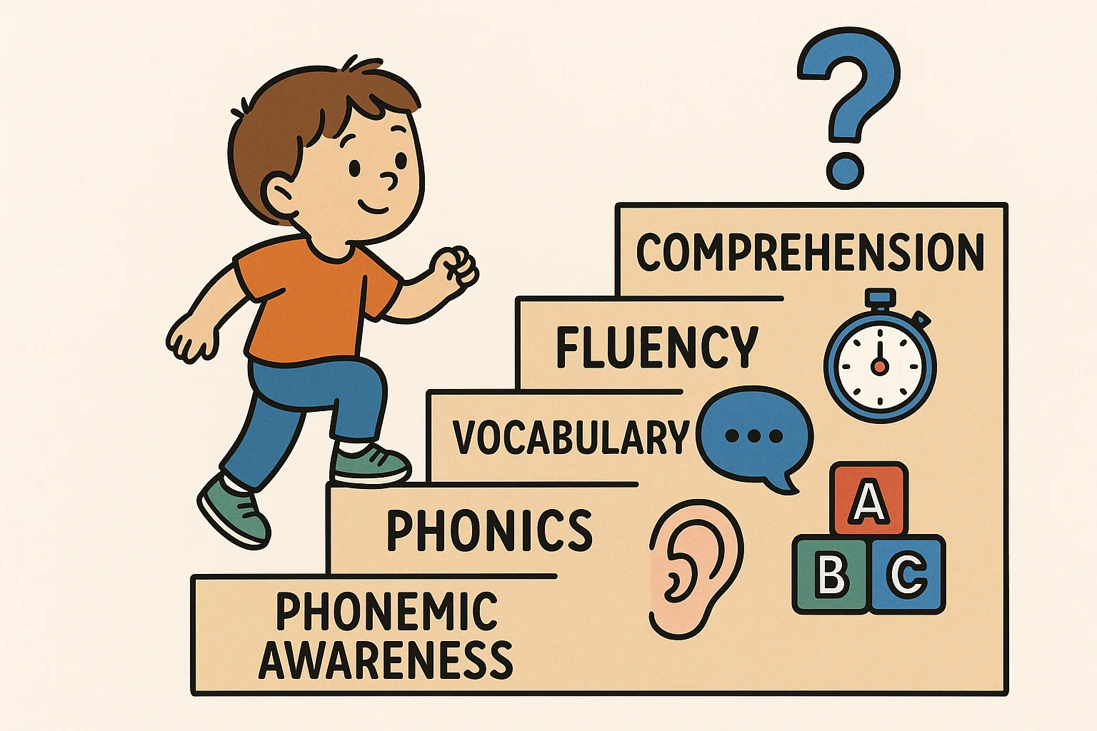  Child climbing staircase of reading skills including phonics, vocabulary, fluency, and comprehension.