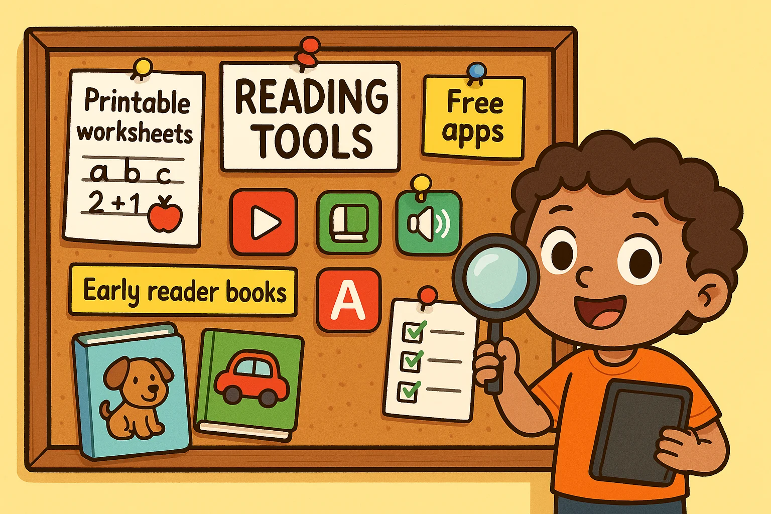  Child exploring reading tools board with apps, worksheets, books, and learning resources.
