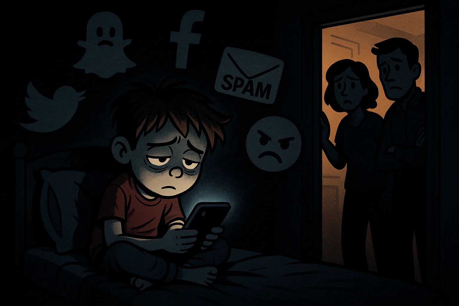 Child using smartphone at night. Child using smartphone at night.