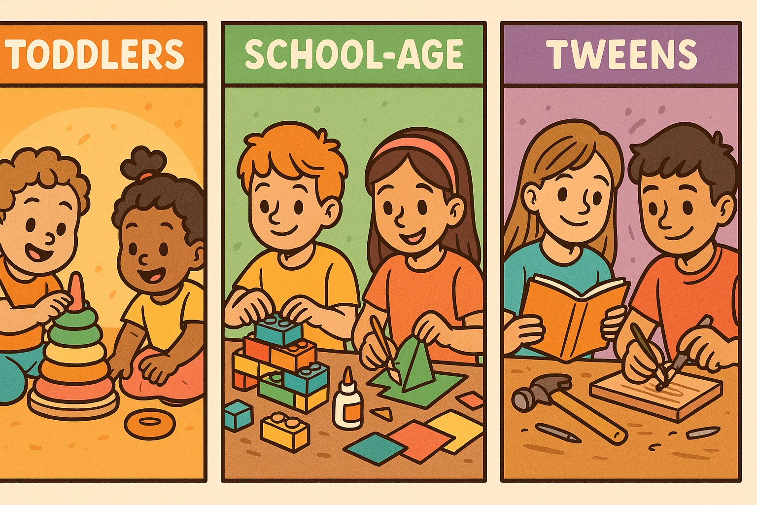 Illustration showing screen-free activities for toddlers, school-age kids, and tweens with toys, crafts, and books.