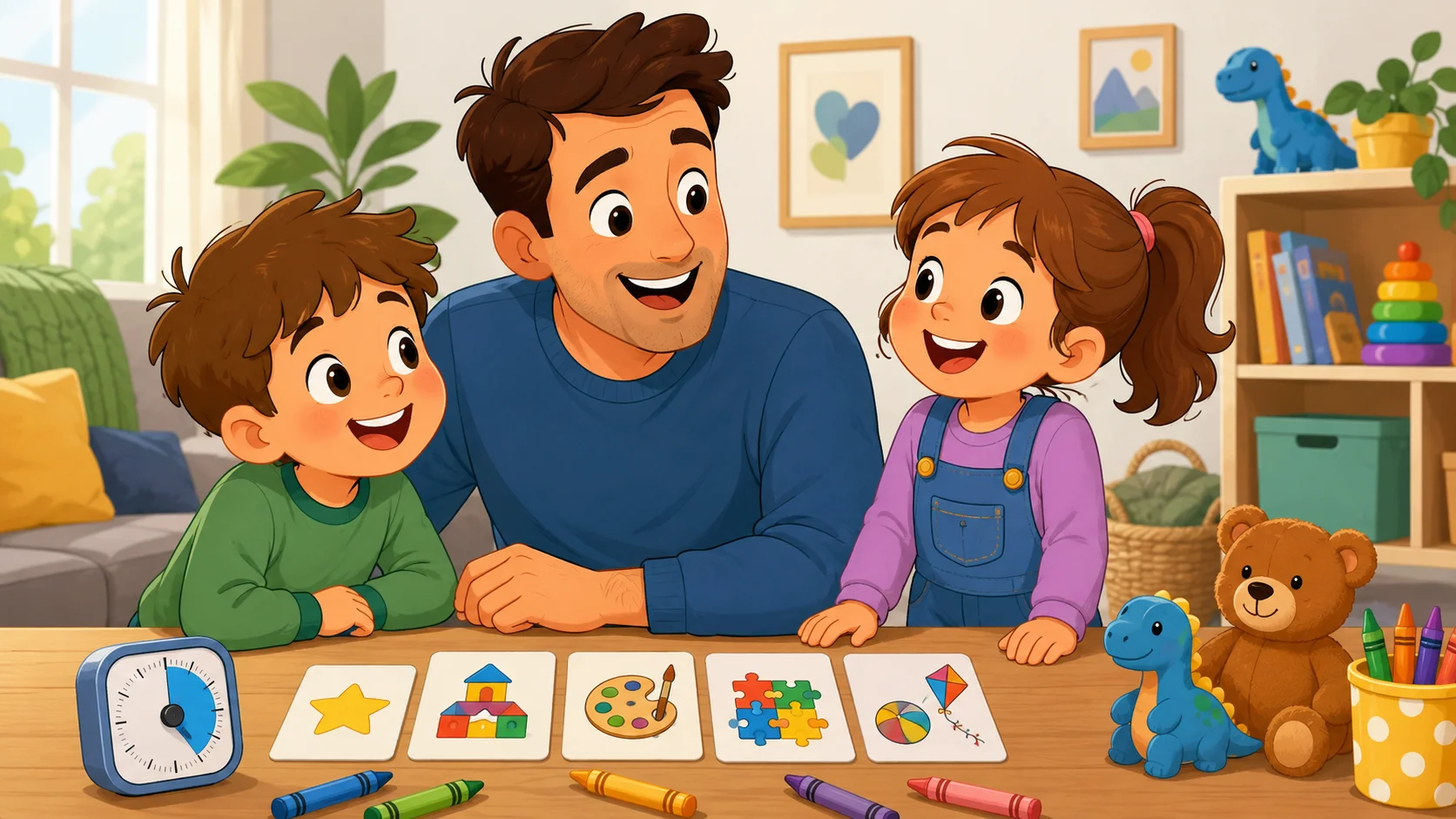 Screen free activity reminders for kids with family play supplies. 