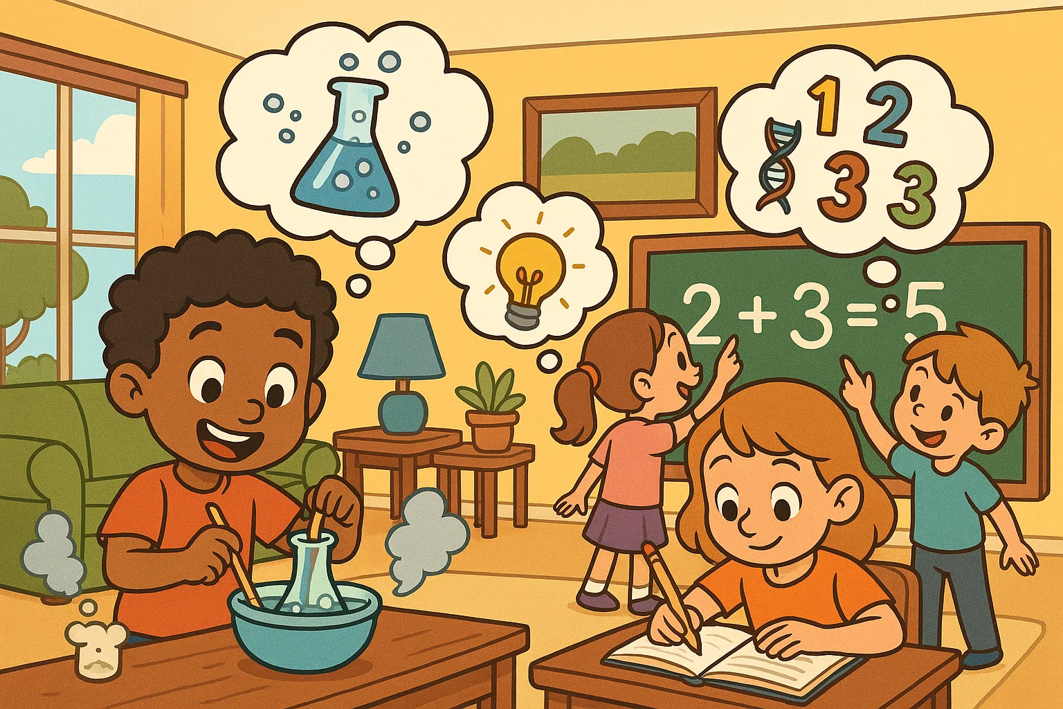 Children engaged in screen-free indoor learning with science experiments, writing, and math problem solving.