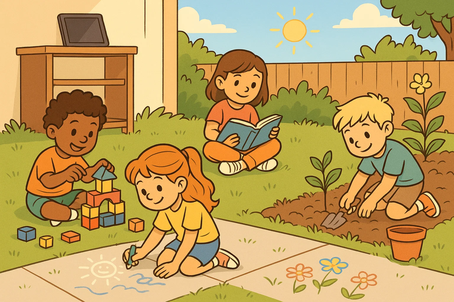 Screen-free kids playtime outdoors with children drawing, reading, gardening, and building.