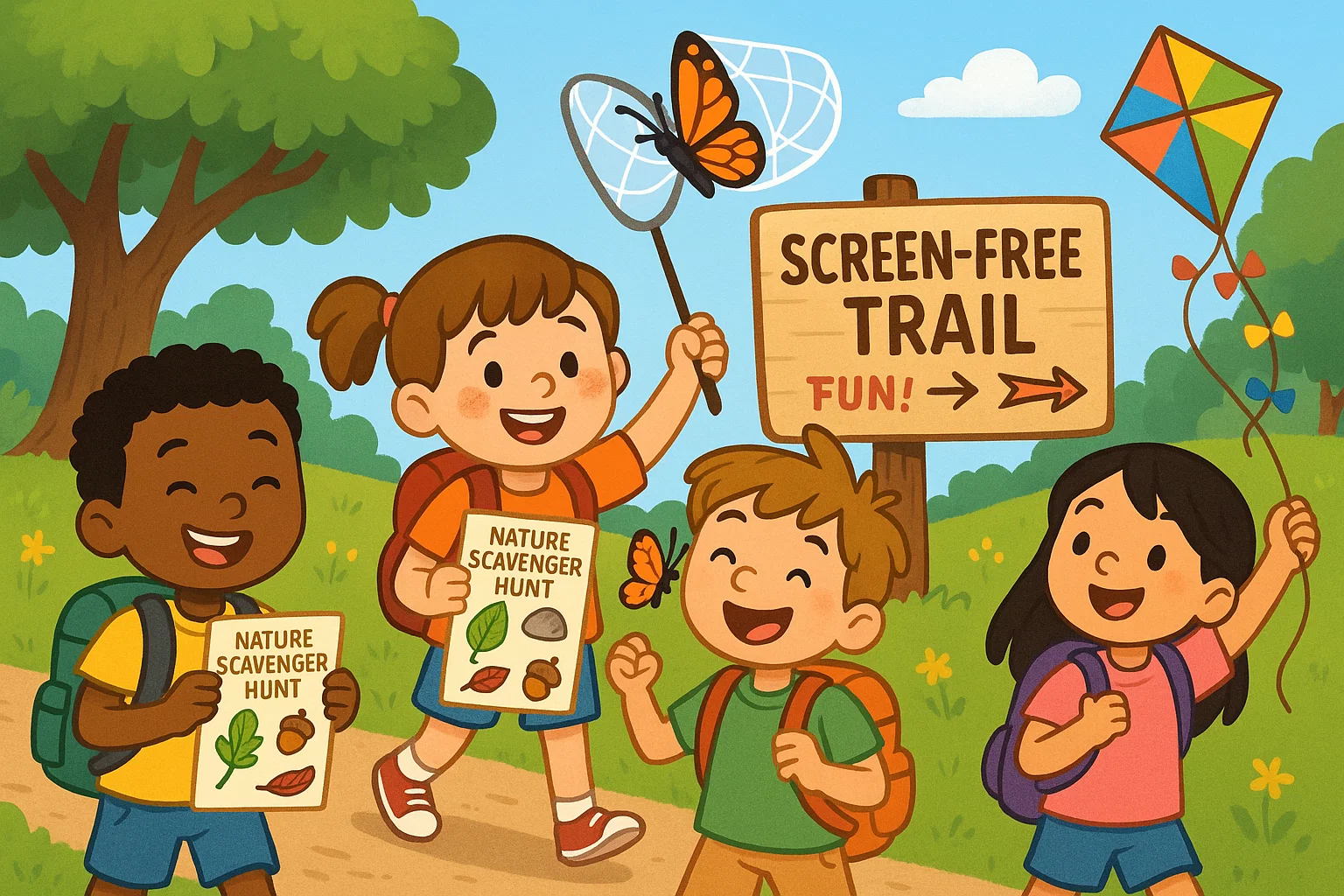 Children on a screen-free trail doing a nature scavenger hunt, catching butterflies, and flying a kite.