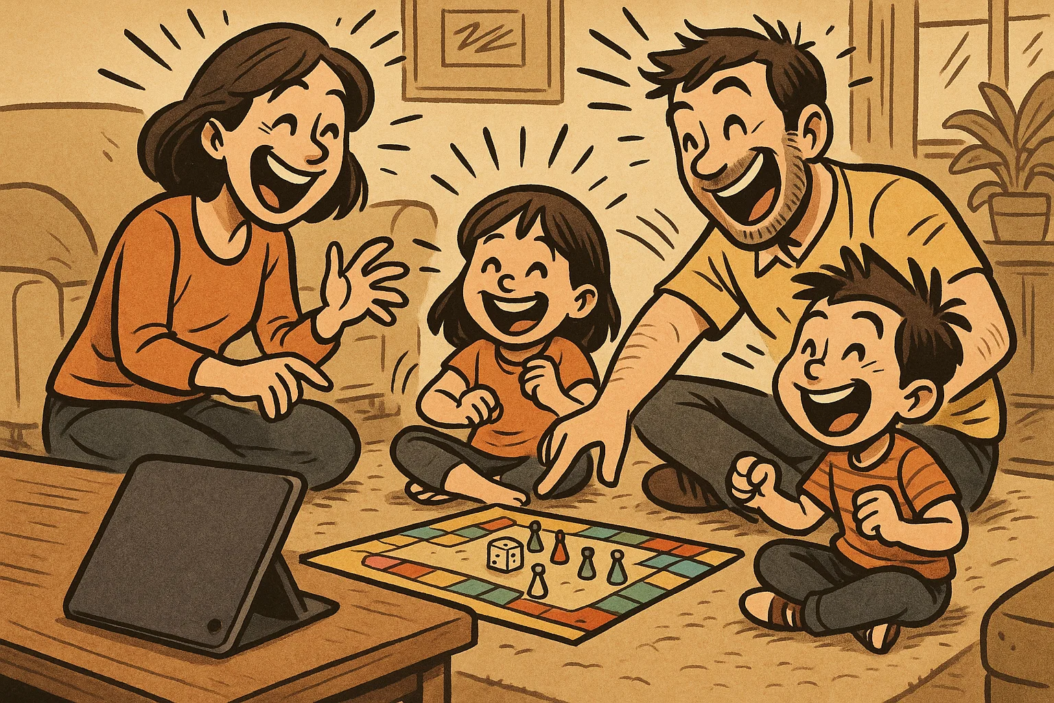 Playful cartoon of a family enjoying a board game together while a tablet with a dark screen sits neglected nearby. Playful cartoon of a family enjoying a board game together while a tablet with a dark screen sits neglected nearby.