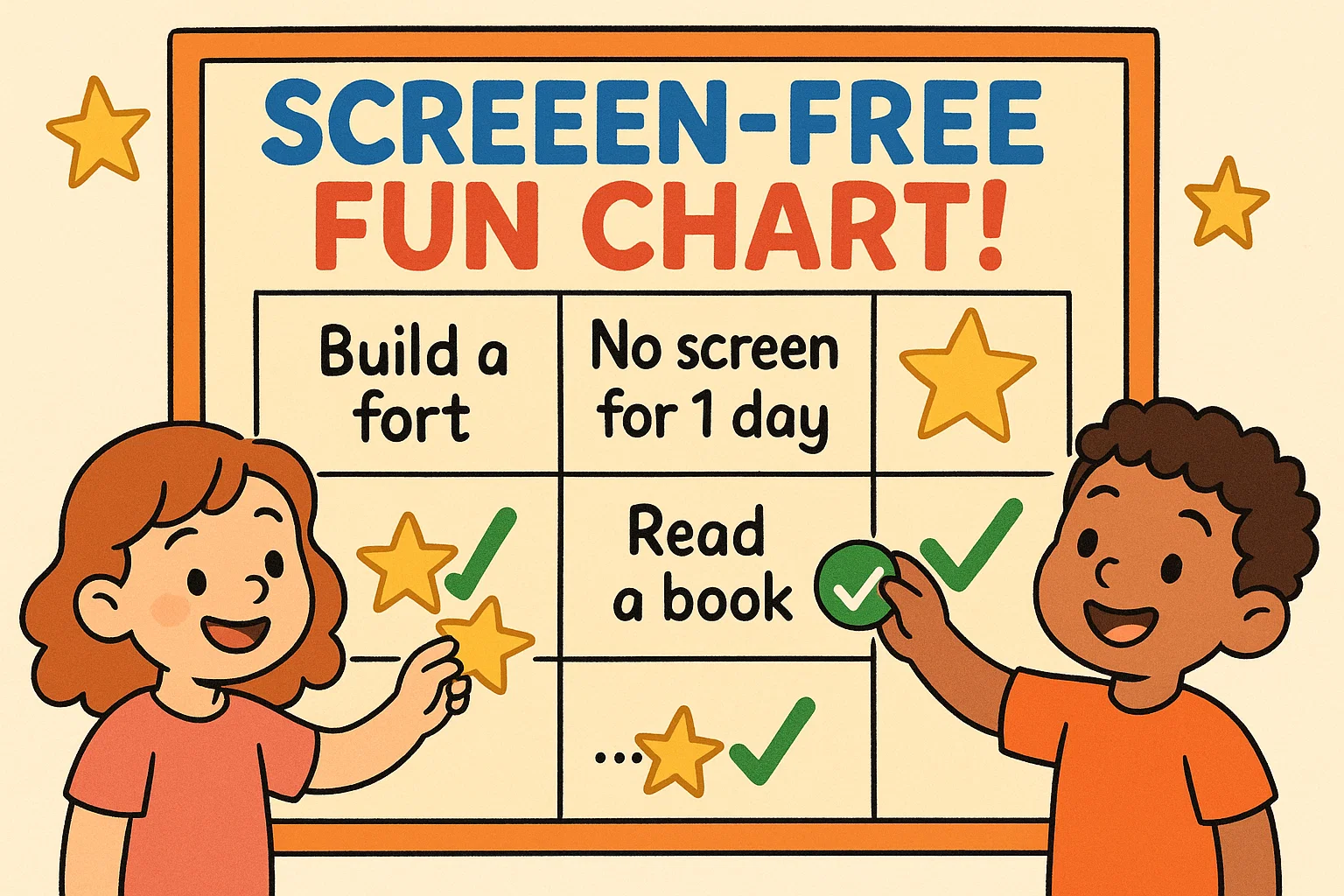 Children using a screen-free fun chart with stars and checkmarks for completing playful offline tasks.
