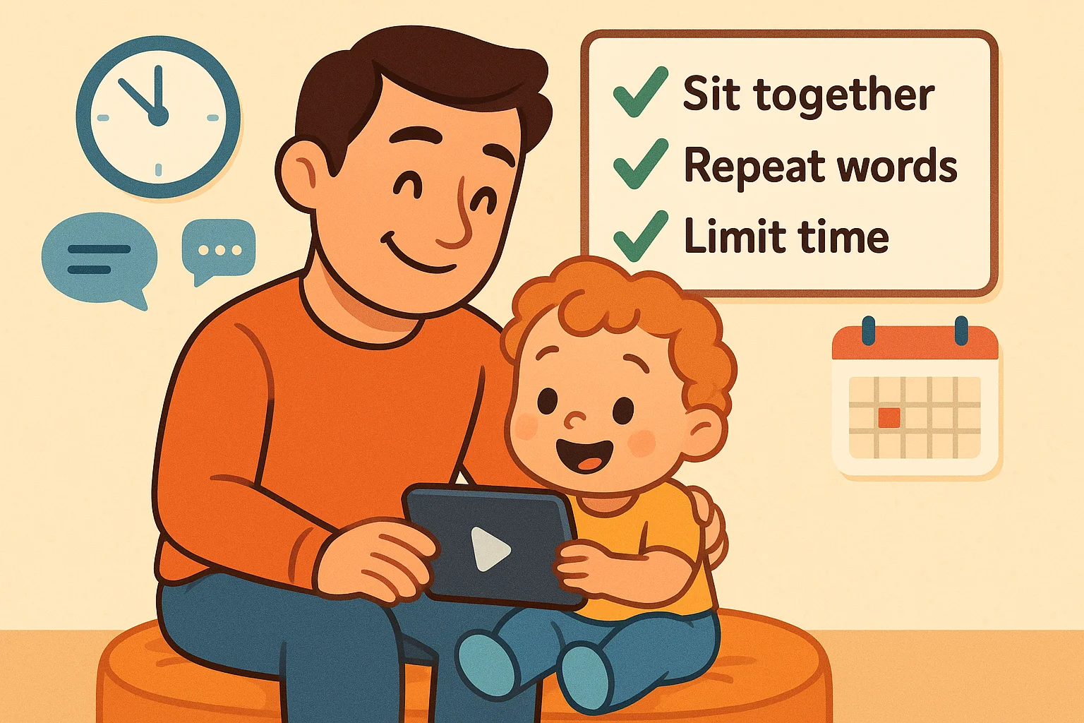 Parent and toddler using a tablet together with tips on healthy screen time habits Parent and toddler using a tablet together with tips on healthy screen time habits