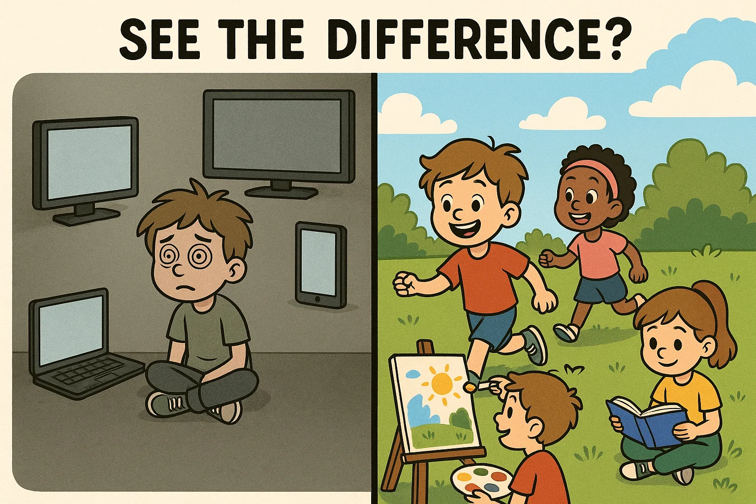  Split image comparing screen time and screen-free kids with devices on one side and outdoor fun on the other.
