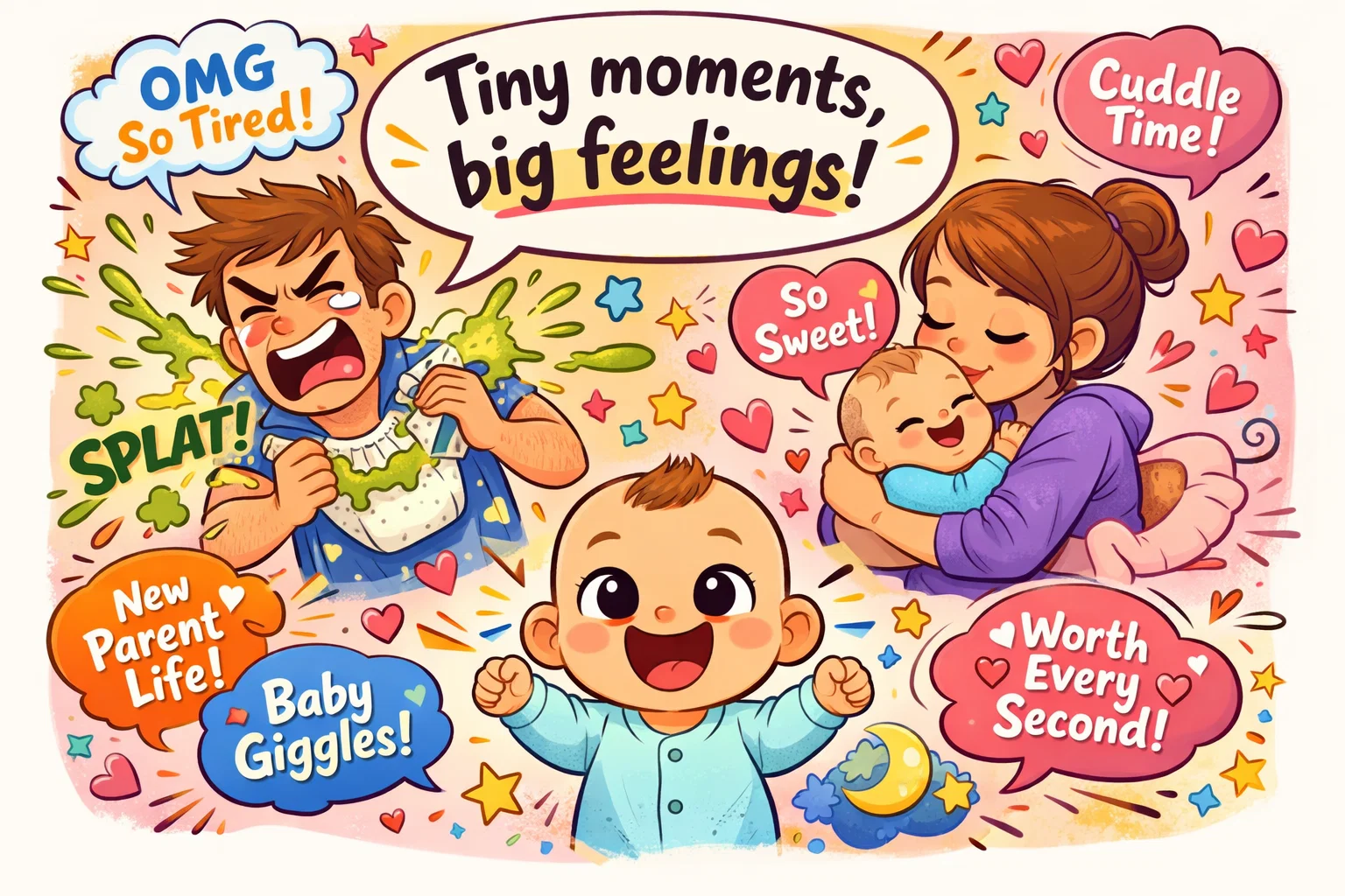 Short sweet profound funny quotes cartoon with joyful and messy new parent moments.

