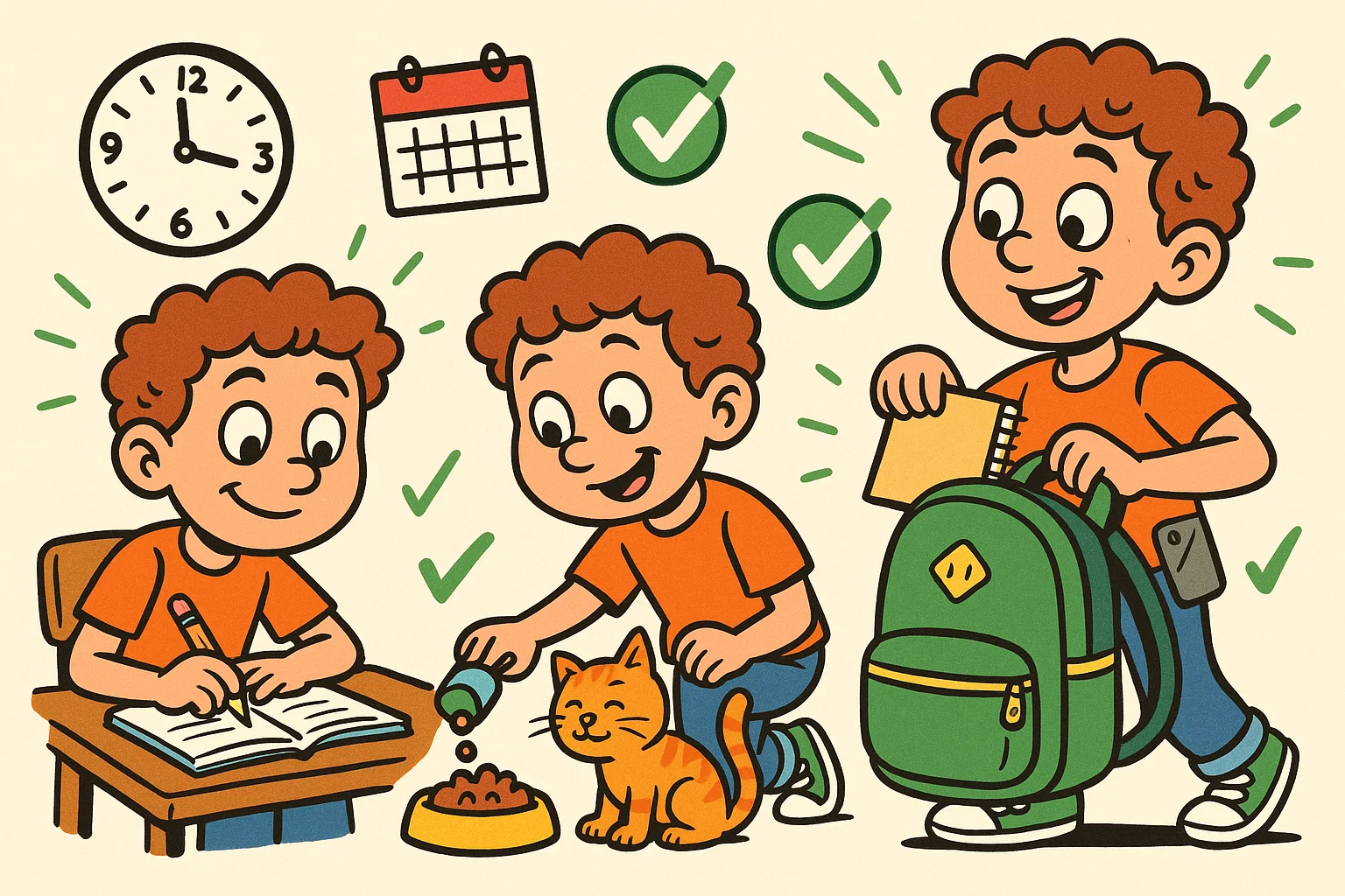 Child completing tasks like homework and pet care, showing responsibility for phone readiness. Child completing tasks like homework and pet care, showing responsibility for phone readiness.