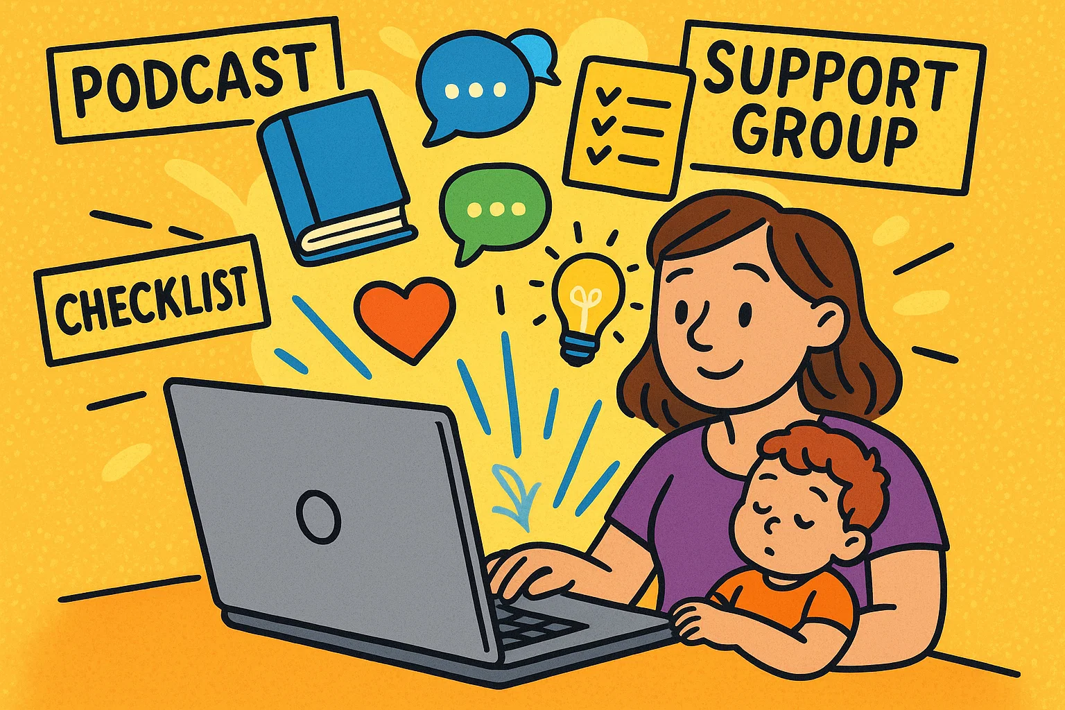 Single mom finds parenting support and tools online with child resting nearby.