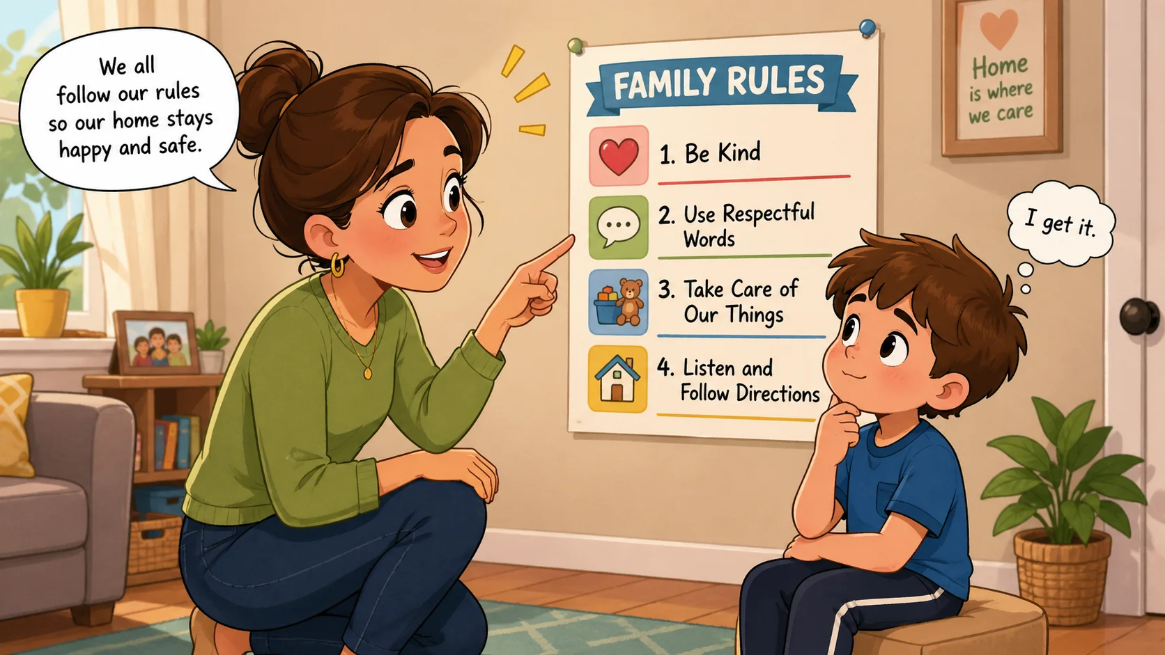 Single parent teaches consistent discipline with family rules at home. 