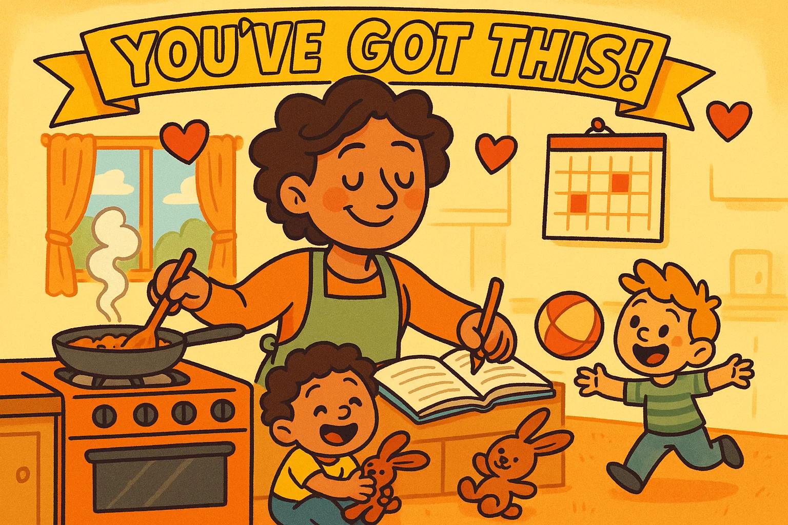 Single parent multitasking while cooking and parenting in a joyful home. Single parent multitasking while cooking and parenting in a joyful home.