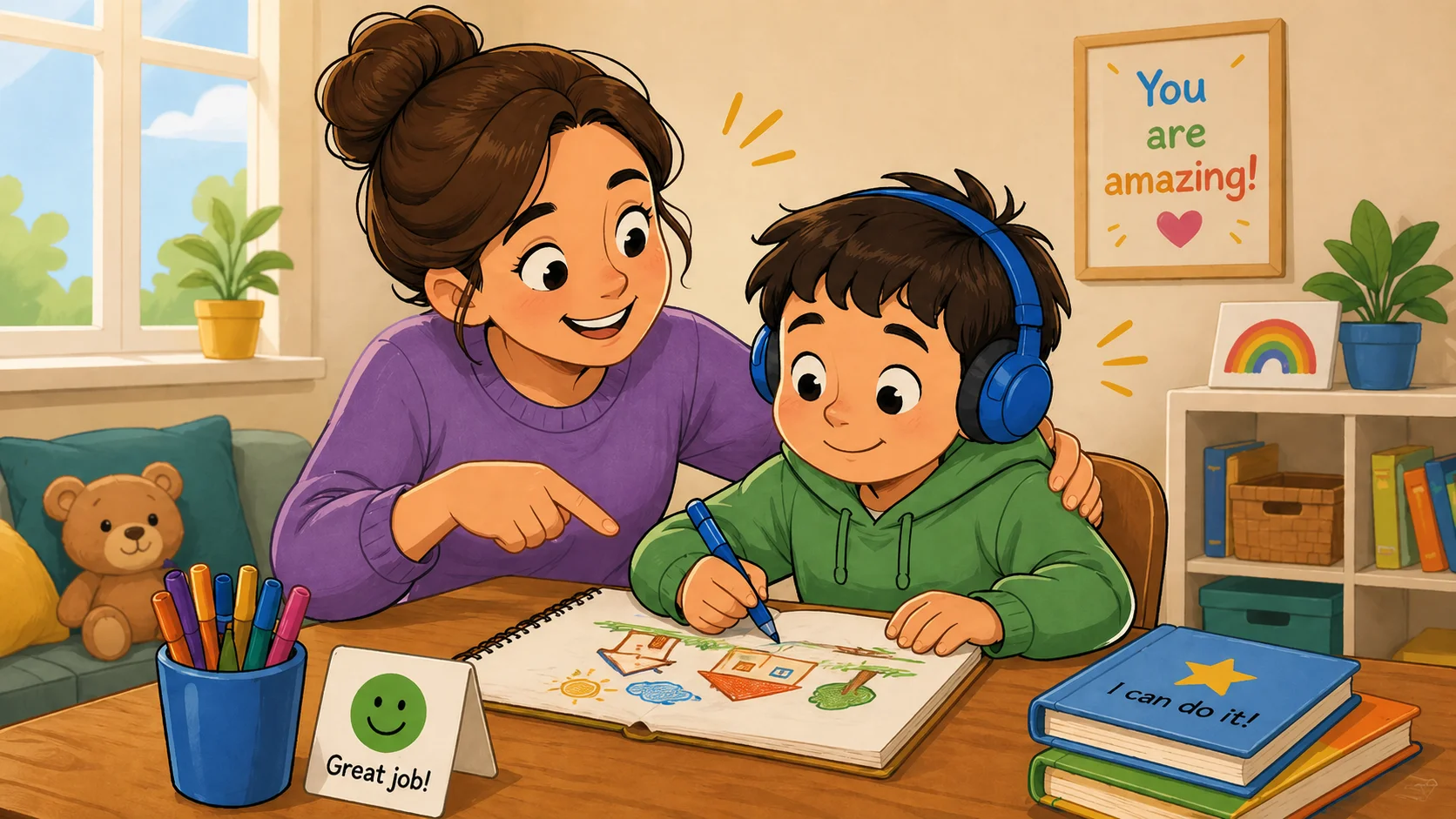 Single parent supports child with additional needs during drawing activity. 