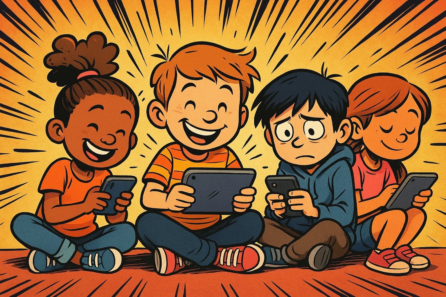 A cartoon of diverse kids using devices. Some are happy and others are stressed, reflecting the complex effects of social media. A cartoon of diverse kids using devices. Some are happy and others are stressed, reflecting the complex effects of social media.