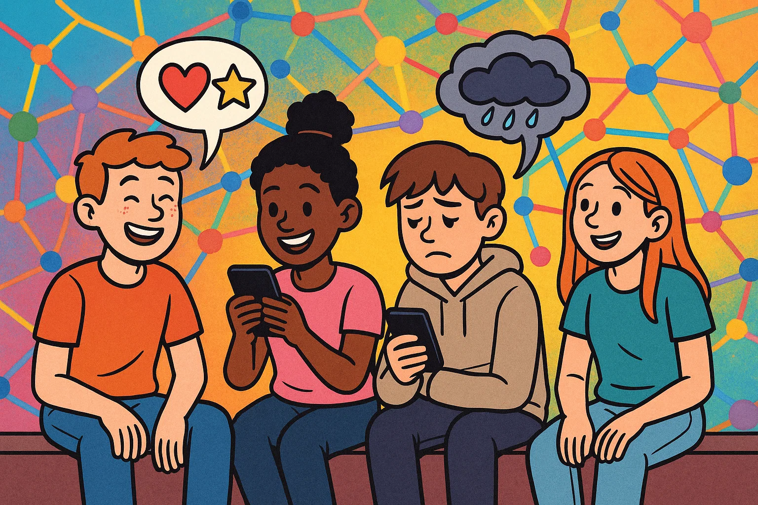 A cartoon of teens with symbols over their heads showing the positive and negative effects of social media on their mental health.
