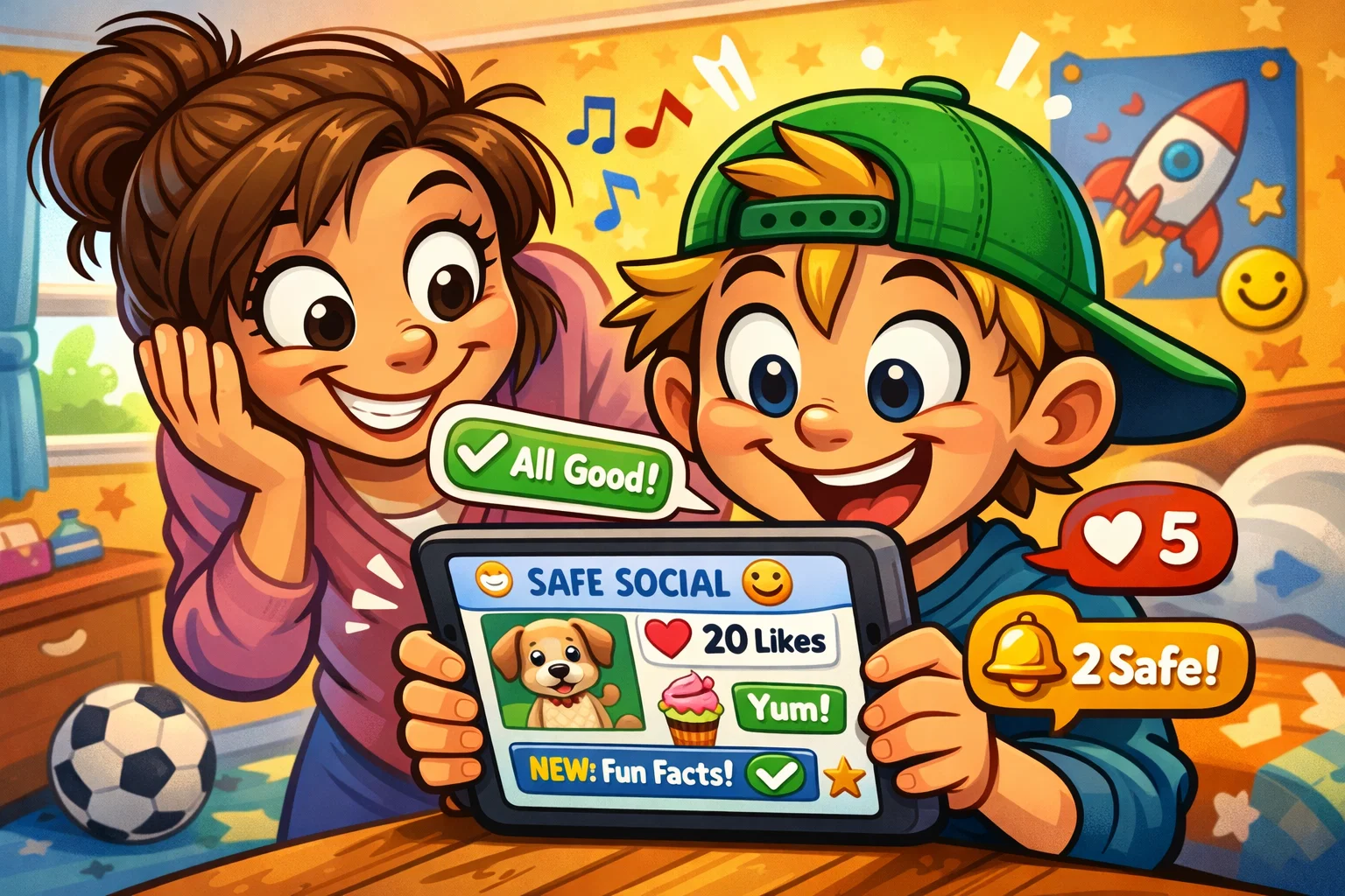 Social media monitoring with a child safety app, keeping track of online activity in a fun cartoon style.
