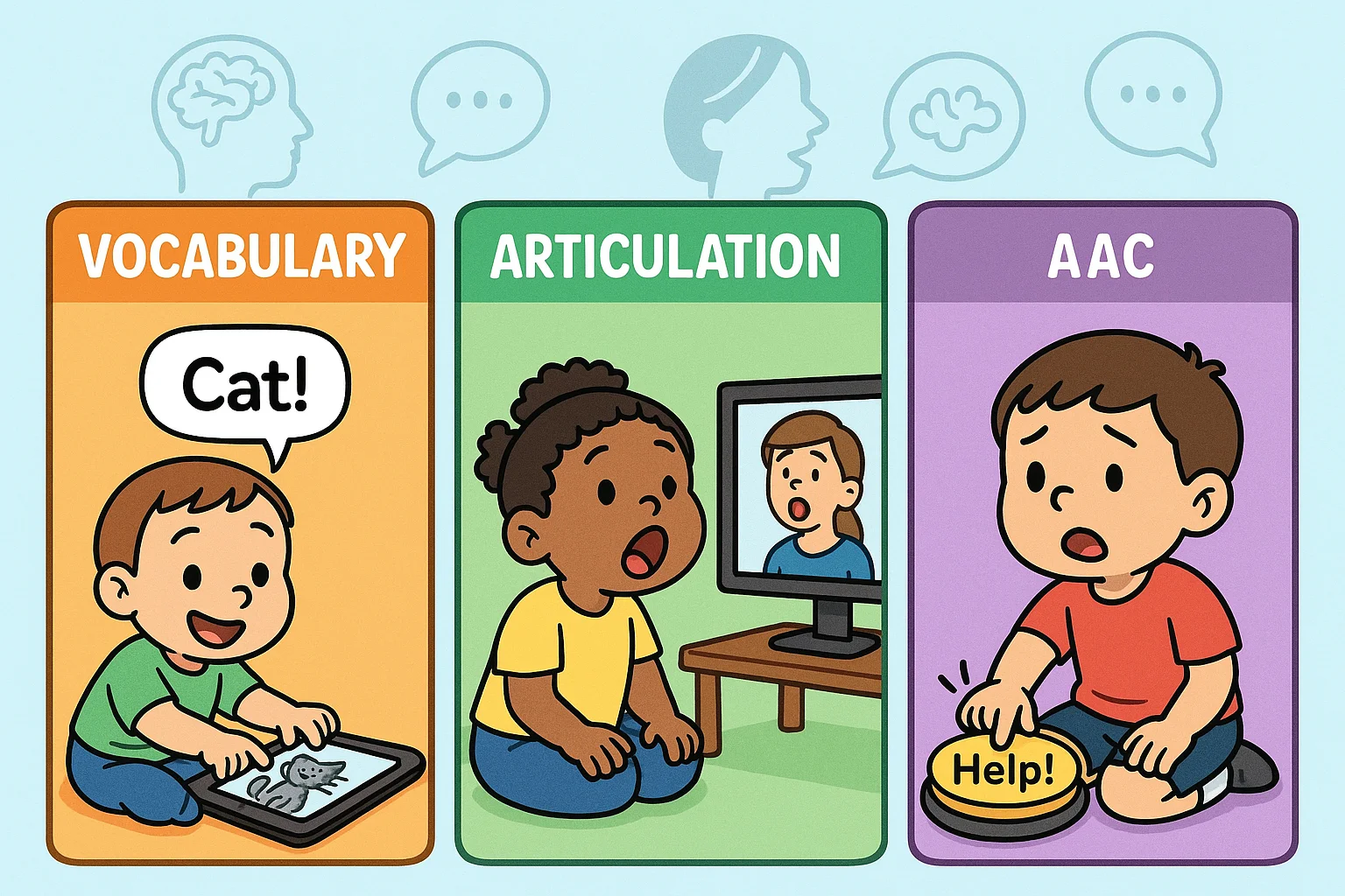 Children using vocabulary apps, articulation videos, and AAC buttons for speech development. Children using vocabulary apps, articulation videos, and AAC buttons for speech development.