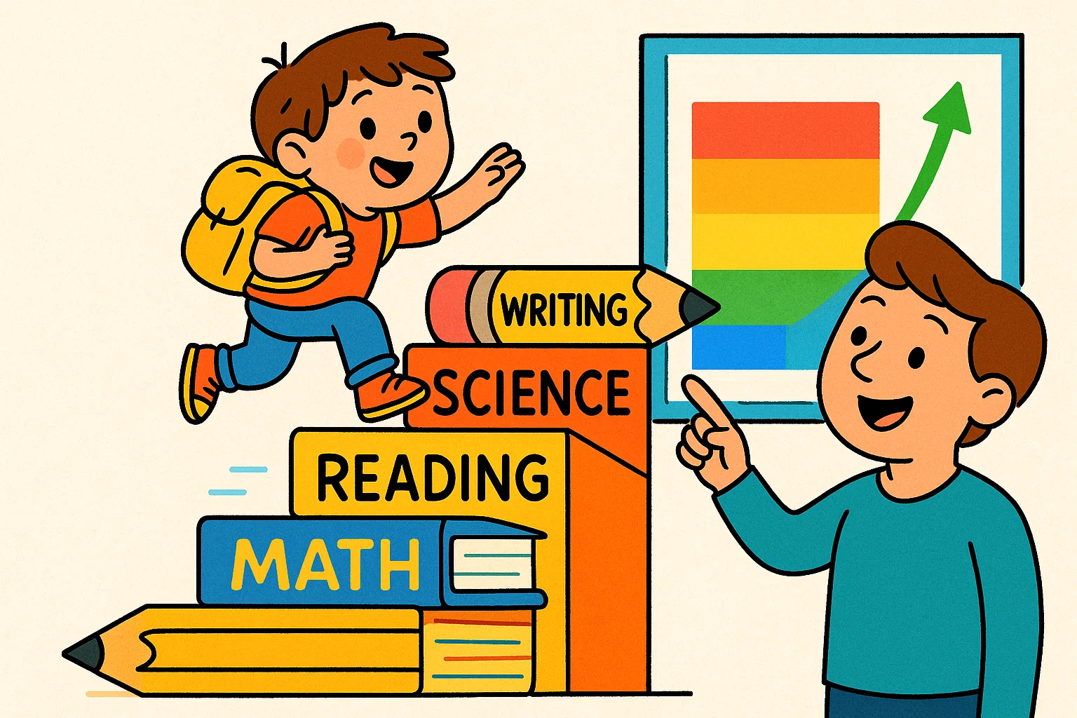 A cartoon of a child climbing stairs made of books, guided by a parent with a study chart.