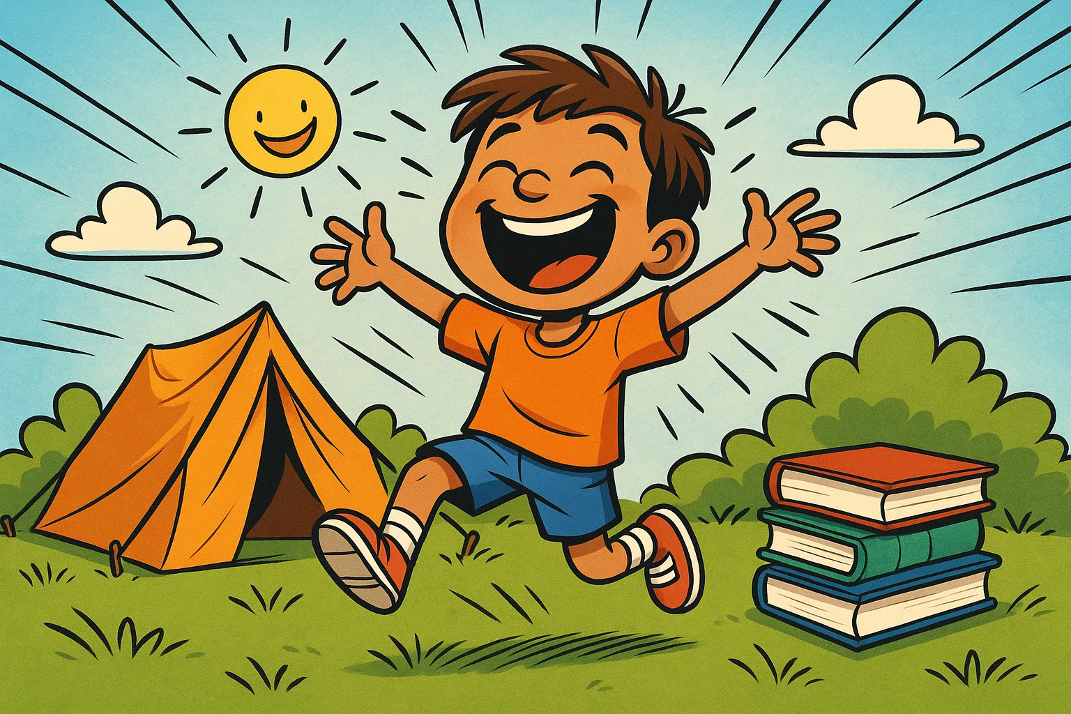 A cartoon image of a boy enjoying summer with a volcano, books, and tent, highlighting fun and educational activities. A cartoon image of a boy enjoying summer with a volcano, books, and tent, highlighting fun and educational activities.