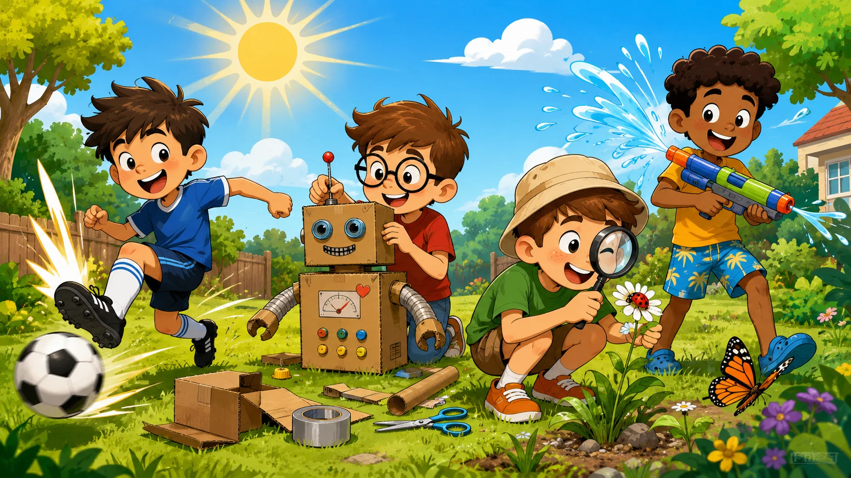 Summer activities for boys age 7–9 with soccer, crafts, nature play, and water fun. 