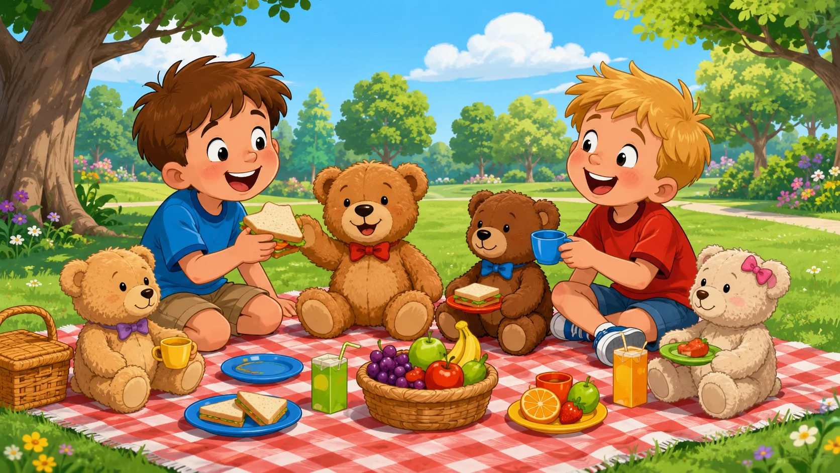 Teddy bear picnic for boys age 7–9 with sandwiches and fruit in sunny park. 
