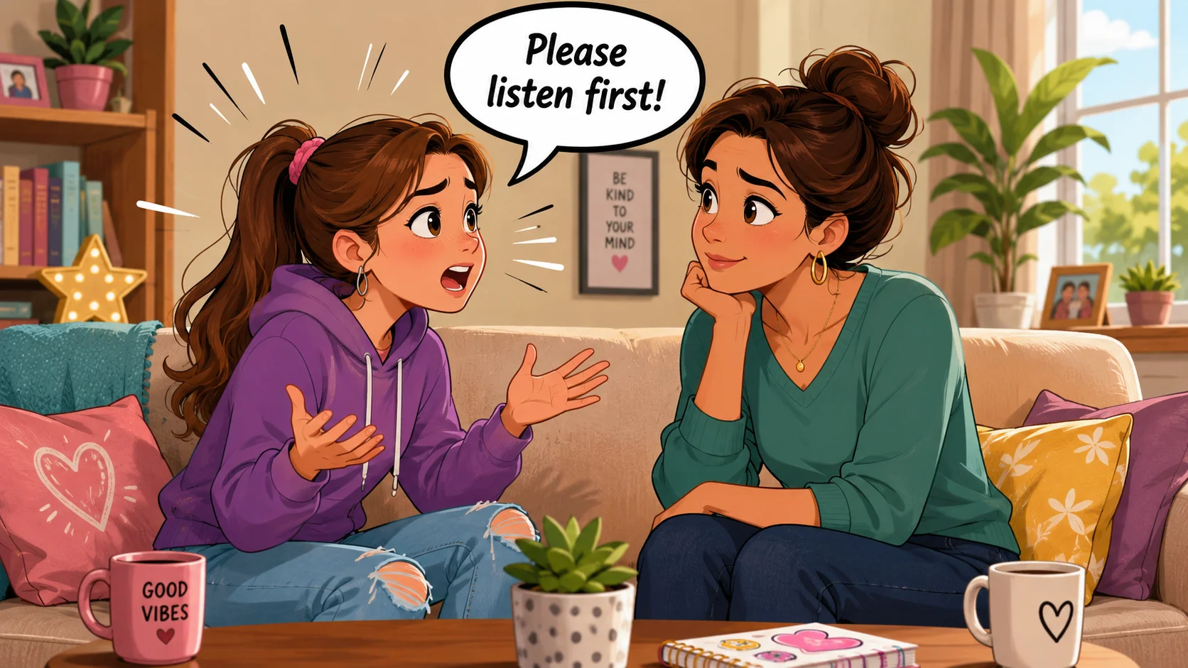 Teenage daughter asks mom to listen before fixing during living room conversation.