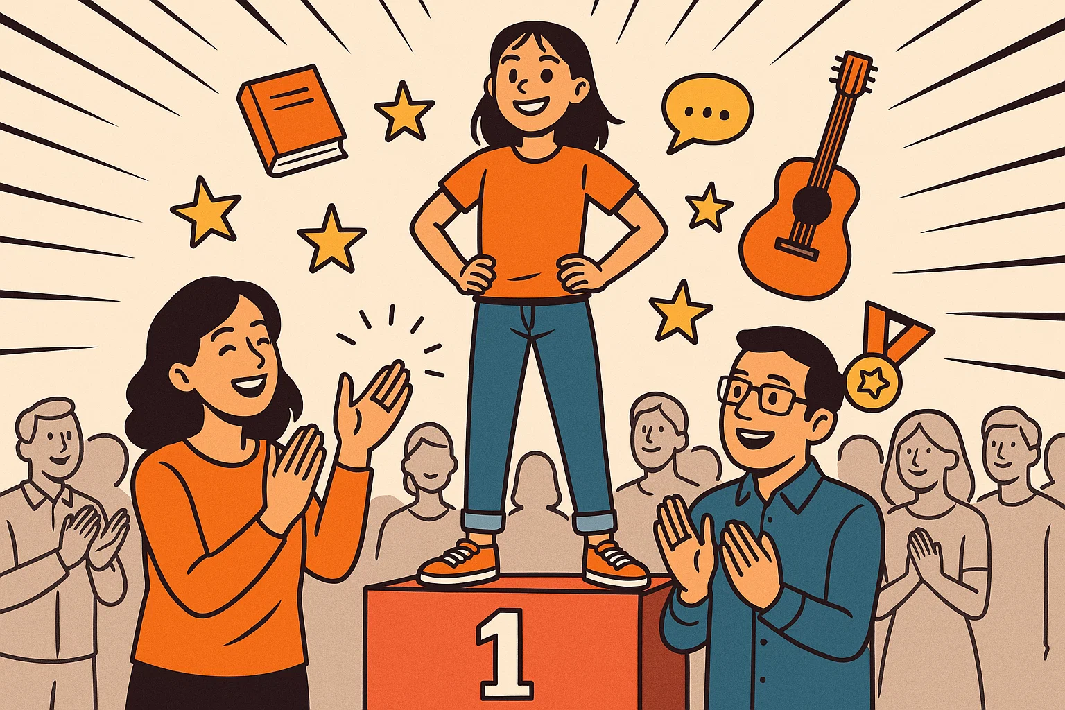 Teenage girl on podium with parents applauding and icons of achievements around.