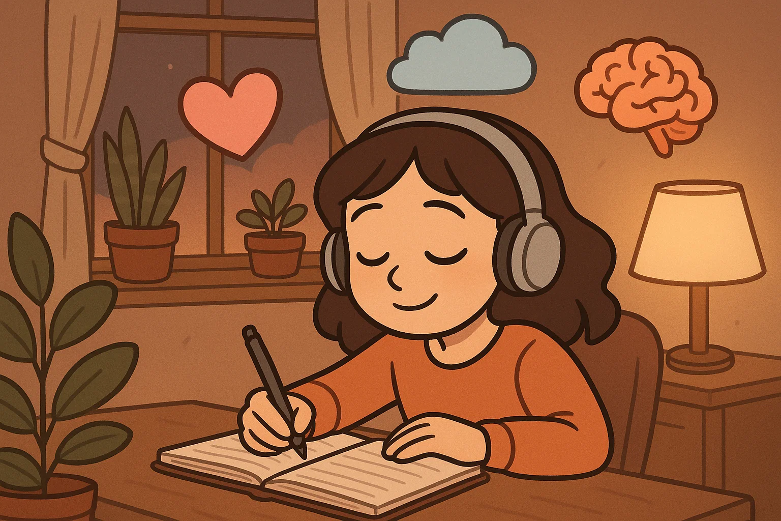 Teenage girl writing in journal with headphones and peaceful symbols around her.