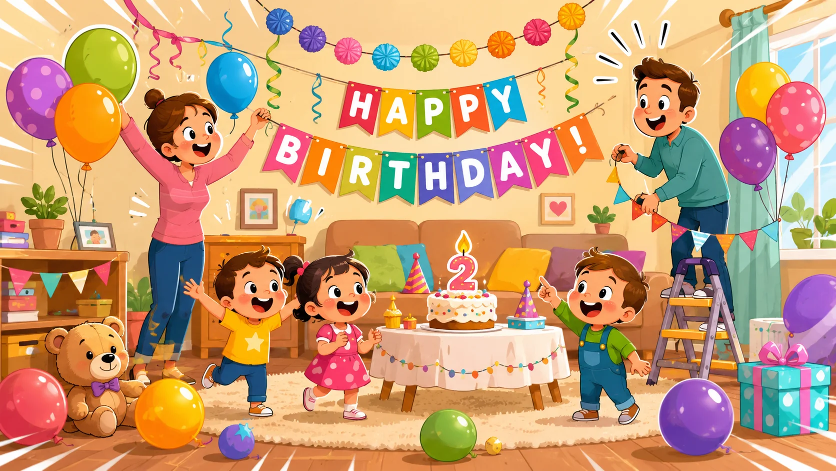 Toddler party decorations at home with balloons and birthday cake table.