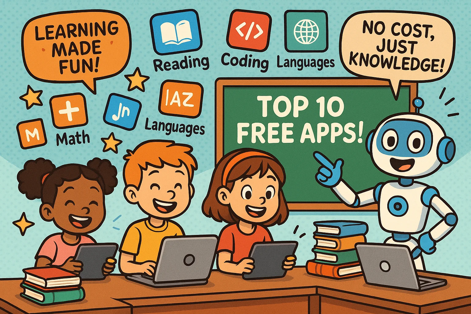 Students using laptops with robot introducing top 10 free educational apps for learning. Students using laptops with robot introducing top 10 free educational apps for learning.