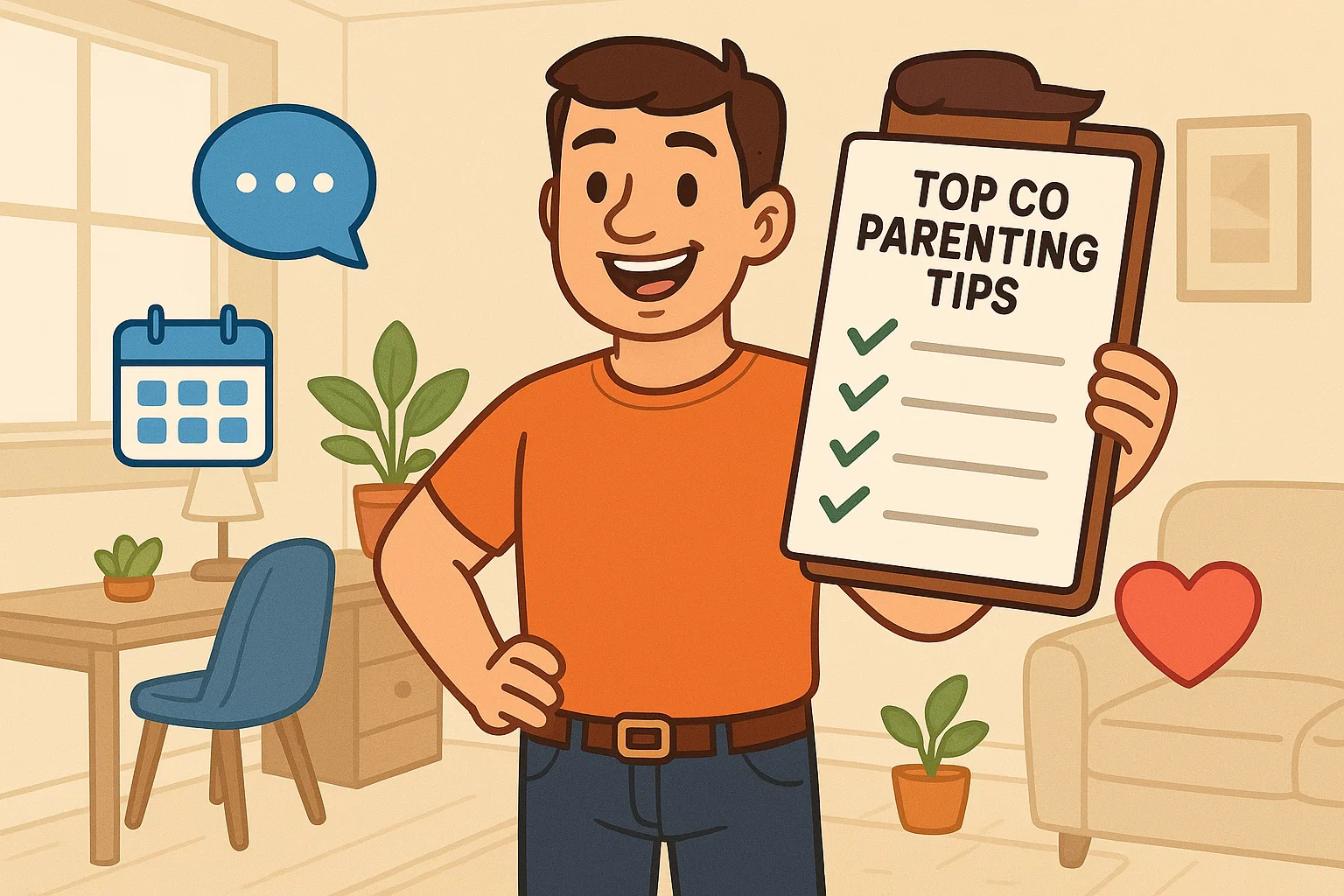 Dad holding checklist with top co-parenting tips in home office setting.