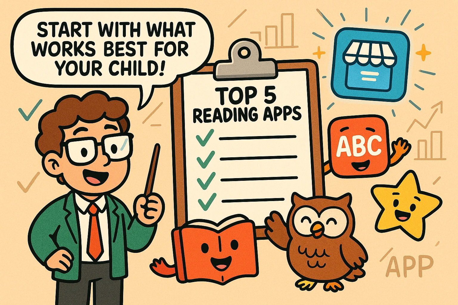 Teacher showing top reading apps for kids with fun icons and helpful tips for parents. Teacher showing top reading apps for kids with fun icons and helpful tips for parents.