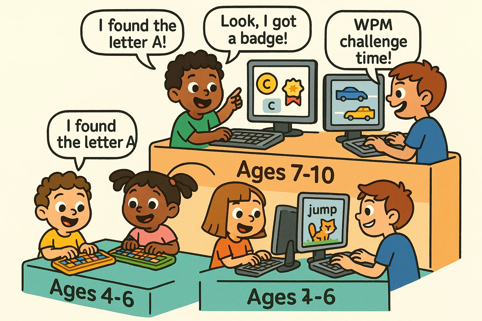 Children using age-appropriate typing apps for ages 4–6 and 7–10 with fun challenges. Children using age-appropriate typing apps for ages 4–6 and 7–10 with fun challenges.