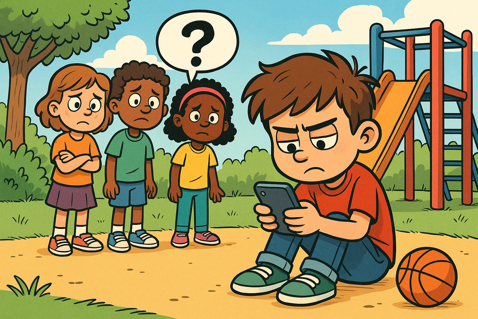 Boy using smartphone at playground ignoring friends Boy using smartphone at playground ignoring friends