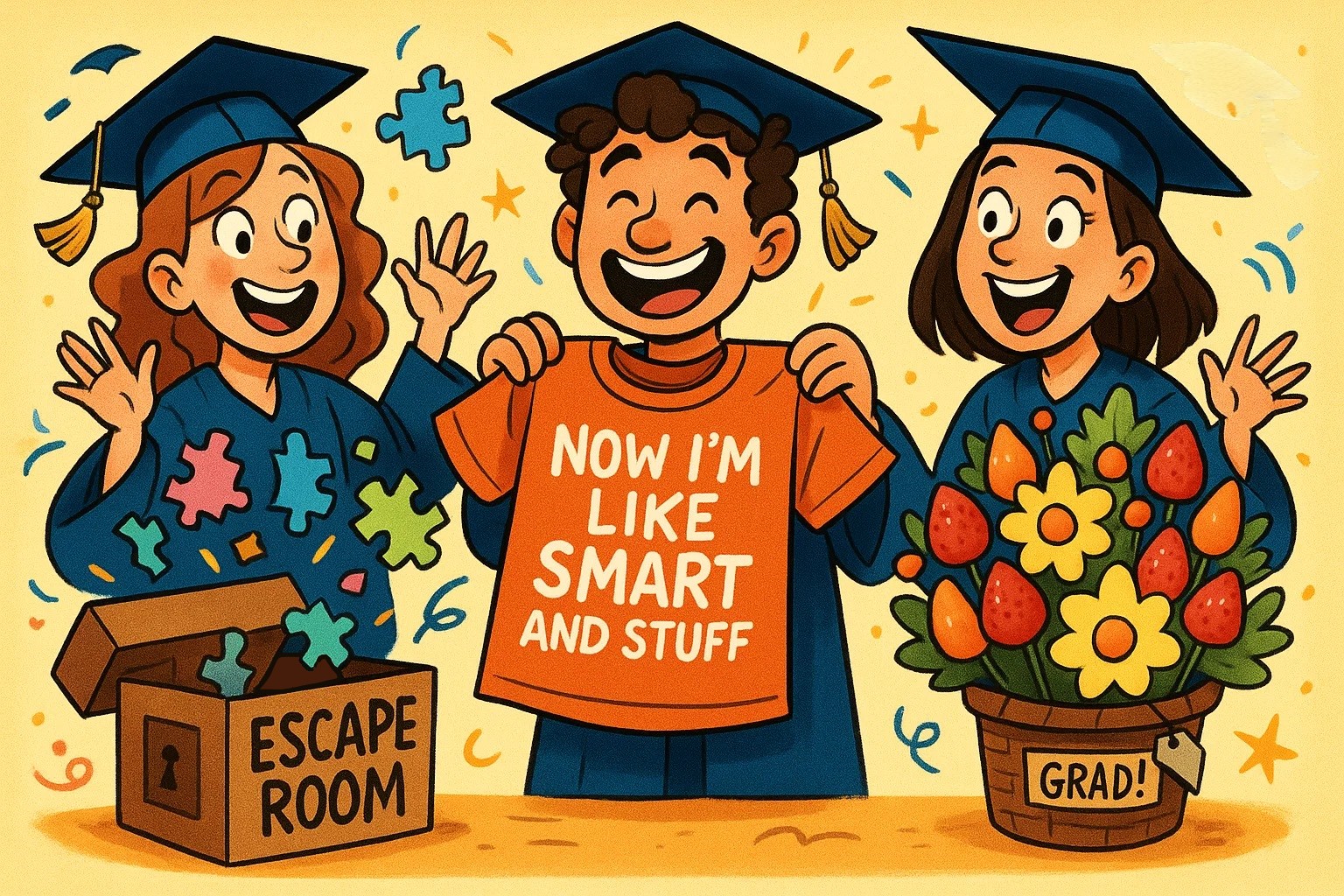 A playful cartoon illustration featuring unique and creative graduation gifts like an escape room box and a funny t-shirt.
