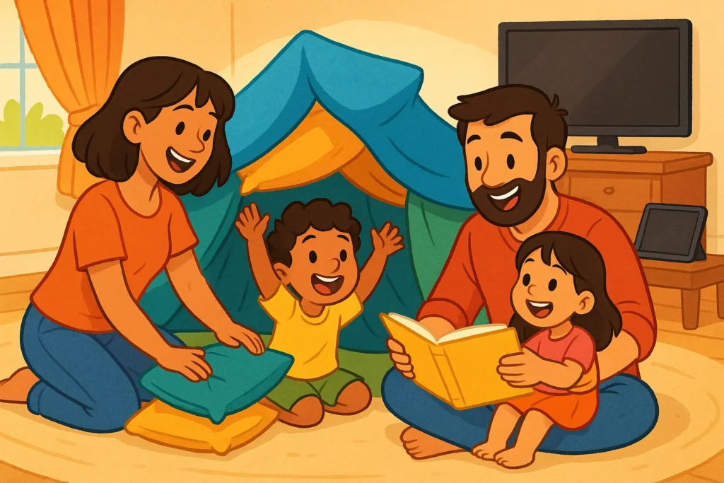 A cartoon of a family playing together in a room with a television and tablet turned off in the background. A cartoon of a family playing together in a room with a television and tablet turned off in the background.