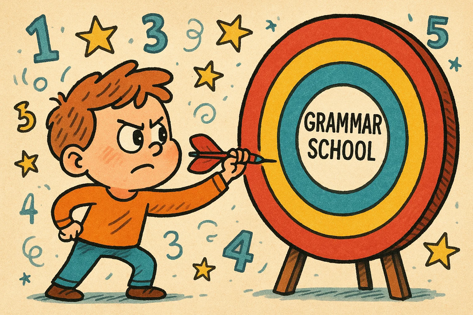 A cartoon of a child aiming a dart at a score target for grammar school entry.