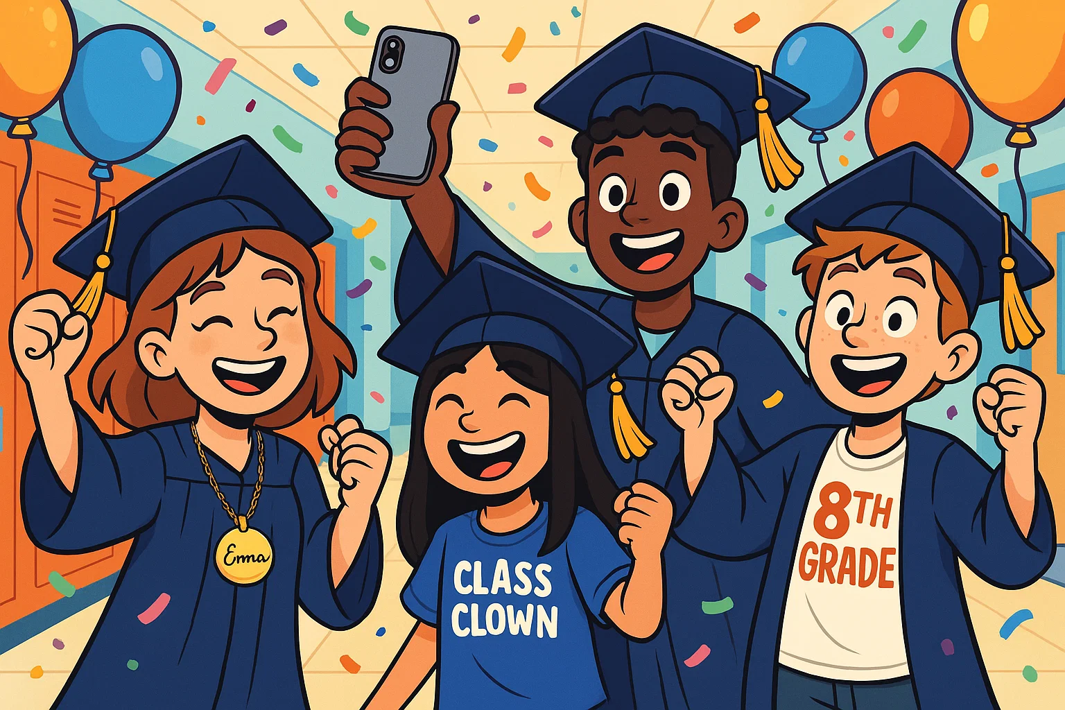 A stylized, dynamic image of excited teens receiving personalized and unique graduation gifts, with bright colors and a celebratory mood. A stylized, dynamic image of excited teens receiving personalized and unique graduation gifts, with bright colors and a celebratory mood.