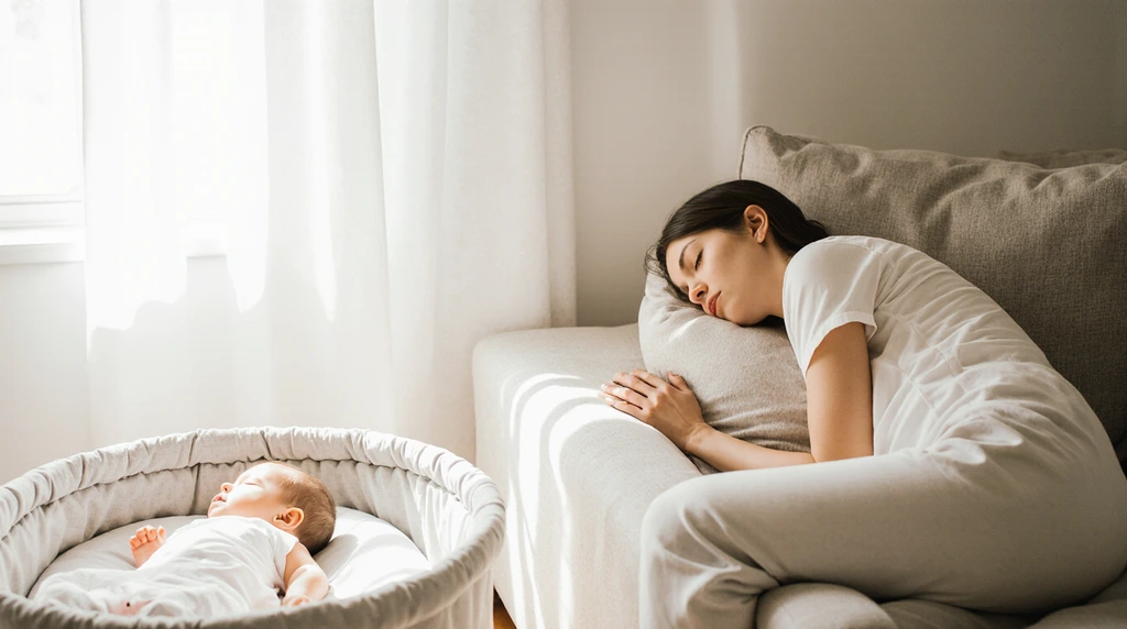 A calm photo of a parent resting on a couch while the baby sleeps nearby
