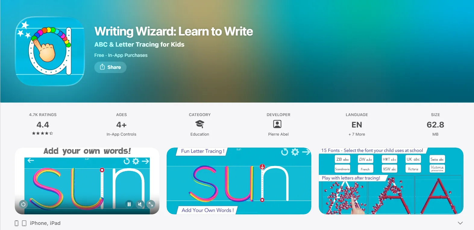 Writing Wizard app tracing screenshot showing handwriting practice for children.