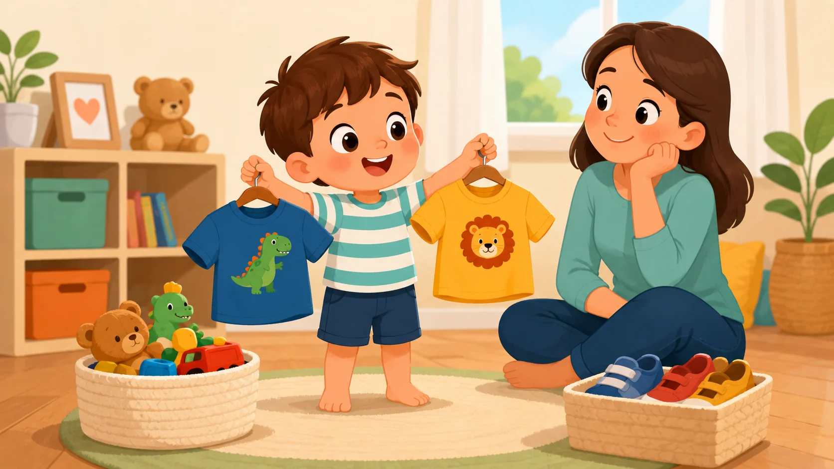 2-year-old independence shirt choice with calm parent support.