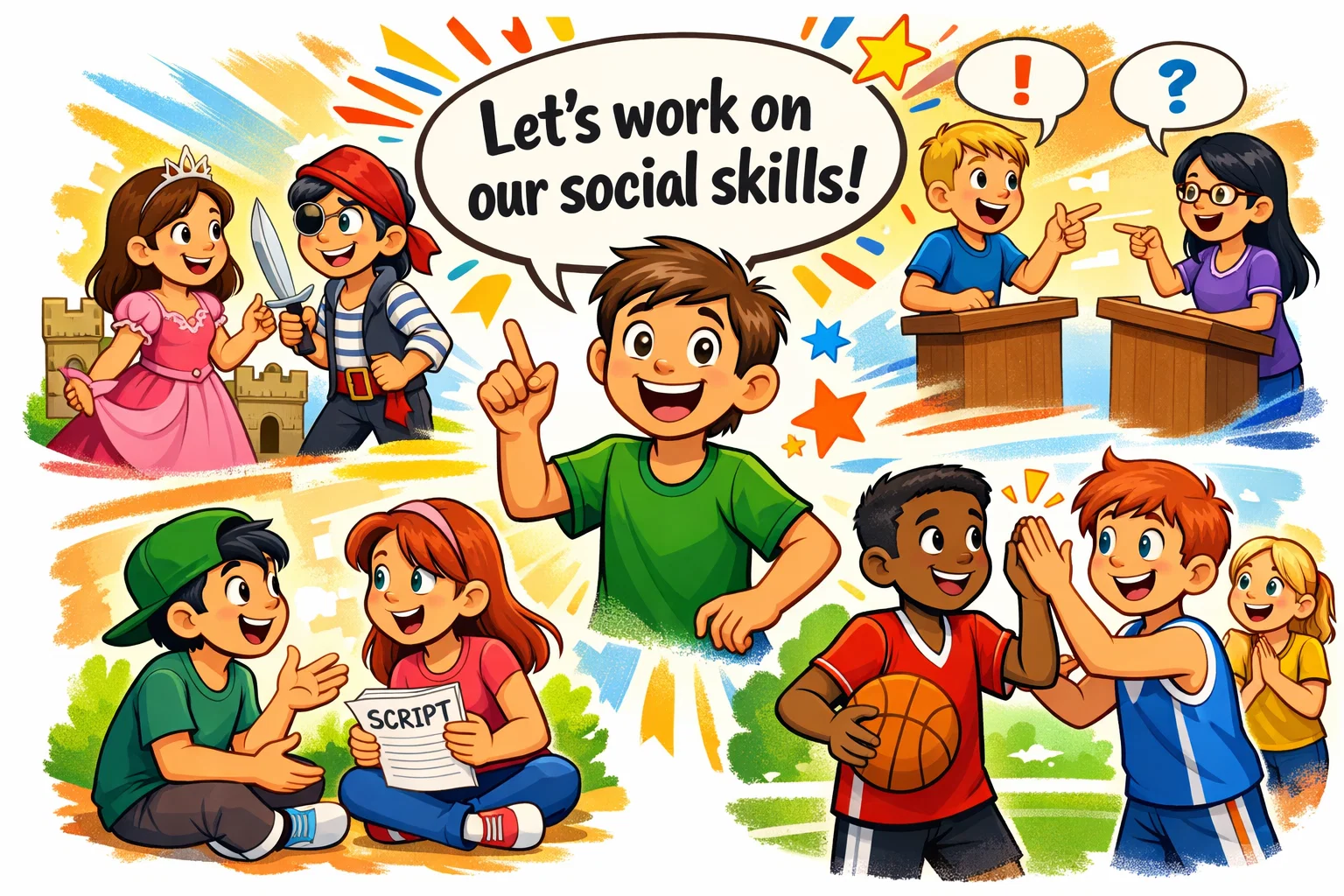 Teens participating in social skills activities like role-playing and team sports.