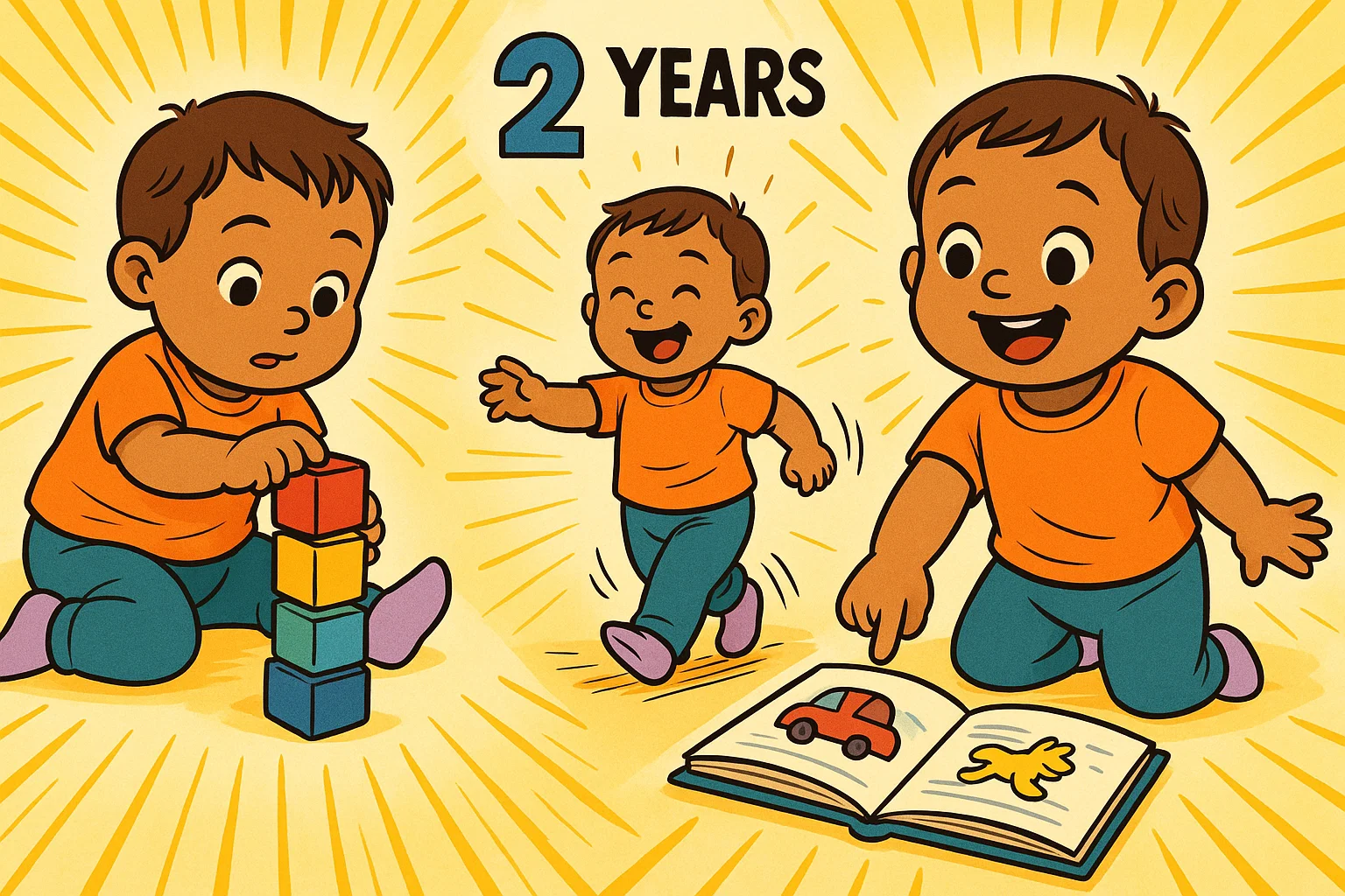 A cartoon illustration of a 2-year-old toddler demonstrating developmental milestones like walking and playing with blocks.