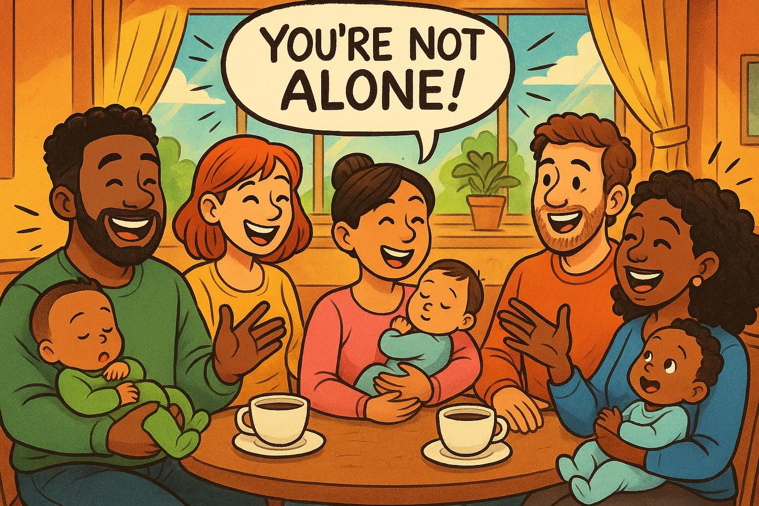 A playful cartoon of diverse parents in a cafe, talking and laughing, with a speech bubble that says, 