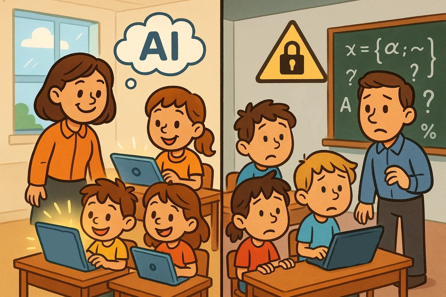 Cartoon scene depicting students and teachers balancing AI benefits like personalized learning with challenges such as privacy in schools. Cartoon scene depicting students and teachers balancing AI benefits like personalized learning with challenges such as privacy in schools.