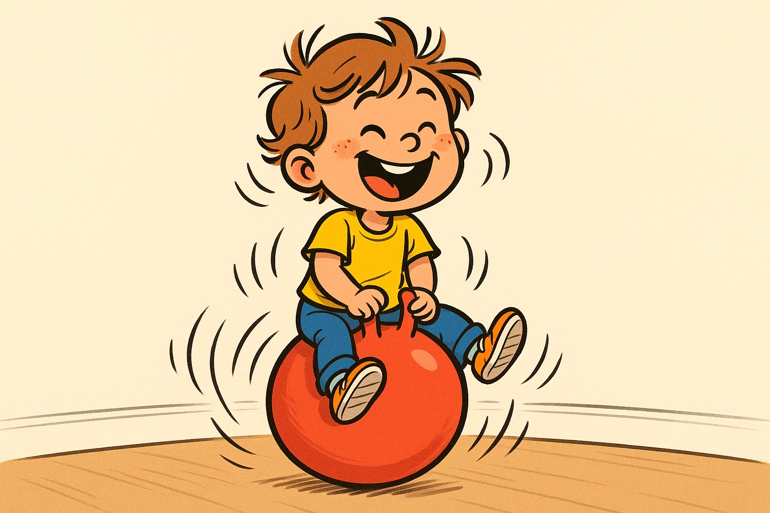Dynamic cartoon of a child happily bouncing on a large red hopper ball indoors for active physical play.