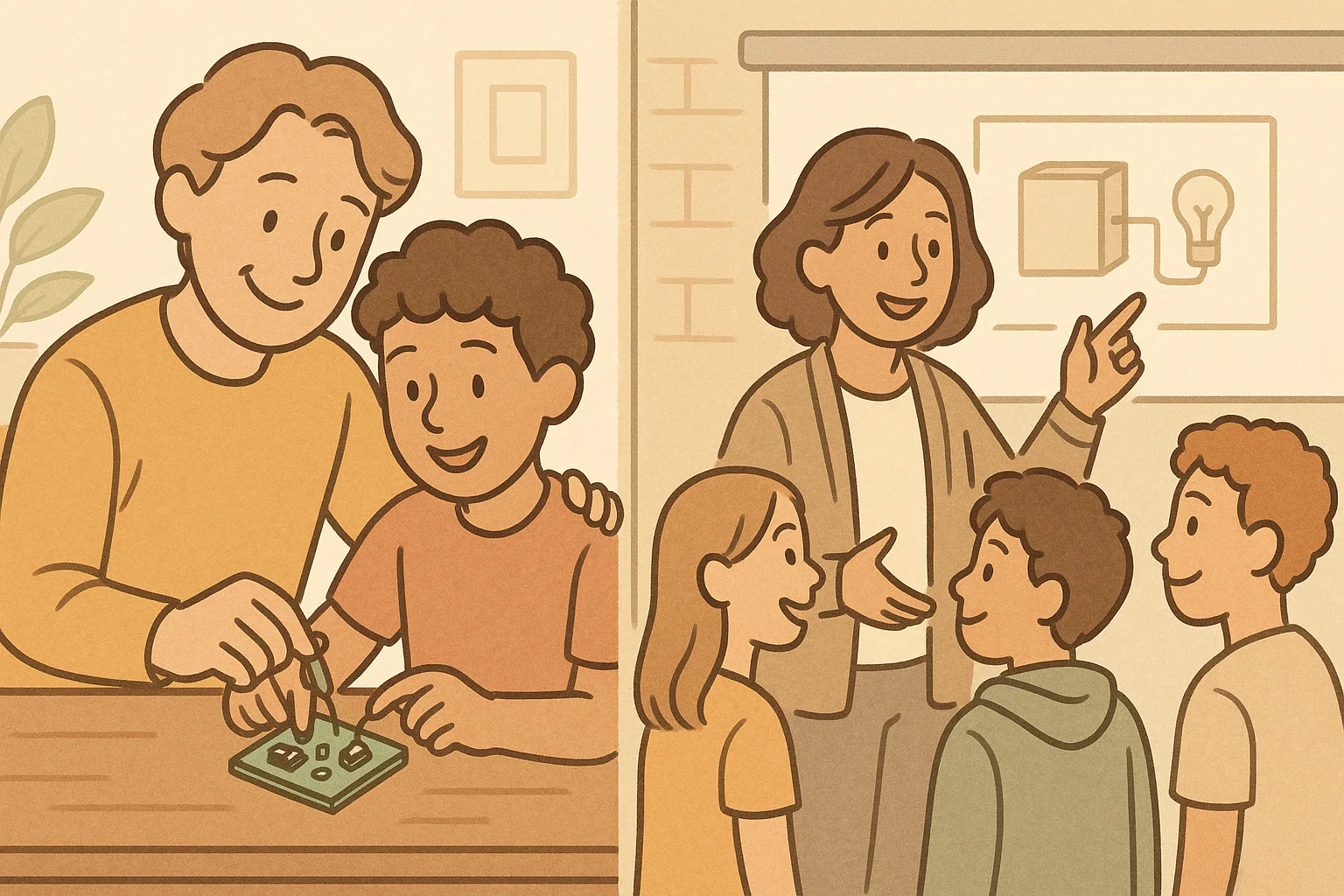 A warm cartoon of a parent and an educator supporting teens in their STEM projects at home and school. A warm cartoon of a parent and an educator supporting teens in their STEM projects at home and school.