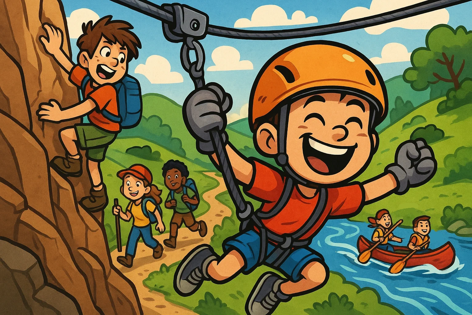 An energetic cartoon montage of kids zip-lining, rock climbing, and hiking, showcasing adventure-packed gift ideas.
